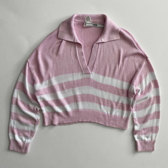 PINK Victoria's Secret Sweater Nwt Knit Collared White & Pink Cropped Large L - Picture 1 of 3